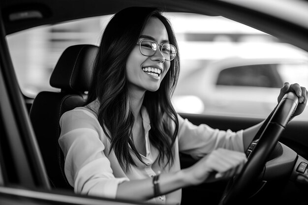 Guida donna felice auto viaggio trasporto veicolo automobilistico conducente auto adulto IA generativa