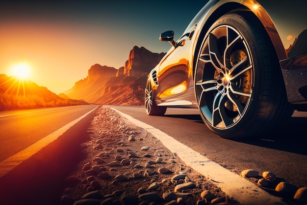 Guida in auto su strada desertica al tramonto IA generativa