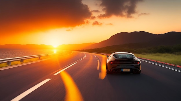 Guida in autostrada per auto sportive nere al tramonto