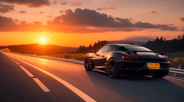 Guida in autostrada per auto sportive nere al tramonto