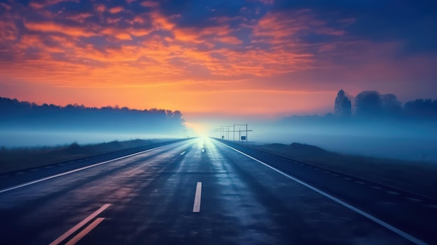 Guida notturna panoramica autostrada vuota attraverso campi nebbiosi