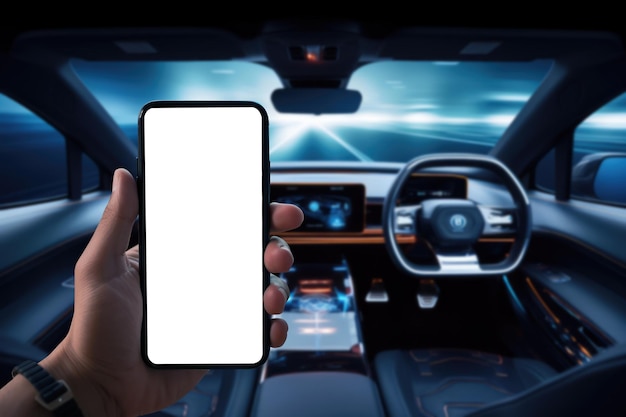 Guidare l'innovazione Tieni in mano lo smartphone nel futuristico cruscotto di un'auto elettrica Uno sguardo alla tecnologia di domani