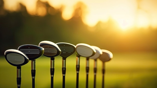 Guidatori di mazze da golf sullo sfondo del campo verde al tramonto Golfer Generative Ai