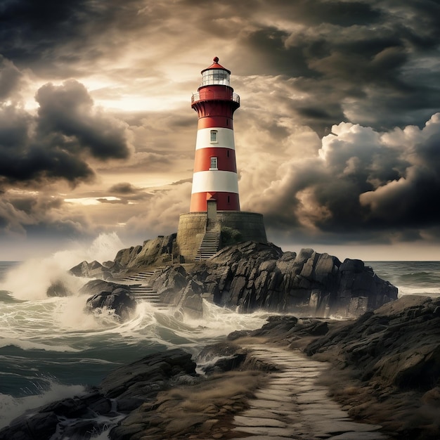 Guiding Beacon Lighthouse che illumina il paesaggio costiero IA generativa