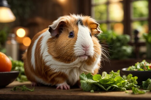 Guinea Pig Serenity Momento fotorealistico di adorabile rilassamento e prelibatezza di lattuga