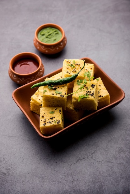 Gujarati Khaman Dhokla realizzato con Chana Dal, servito con chutney verde, messa a fuoco selettiva