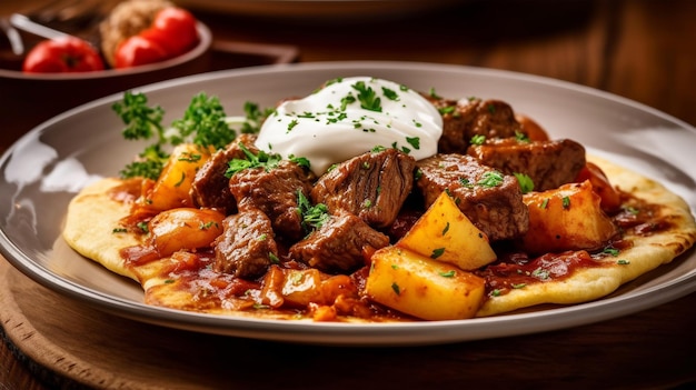 Gulasch di manzo tradizionale con salsa e patate sana alimentazione Cucina austriaca Generato AI