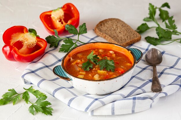 Gulasch ungherese in un piatto di ceramica, pane, paprika, prezzemolo su un tavolo bianco