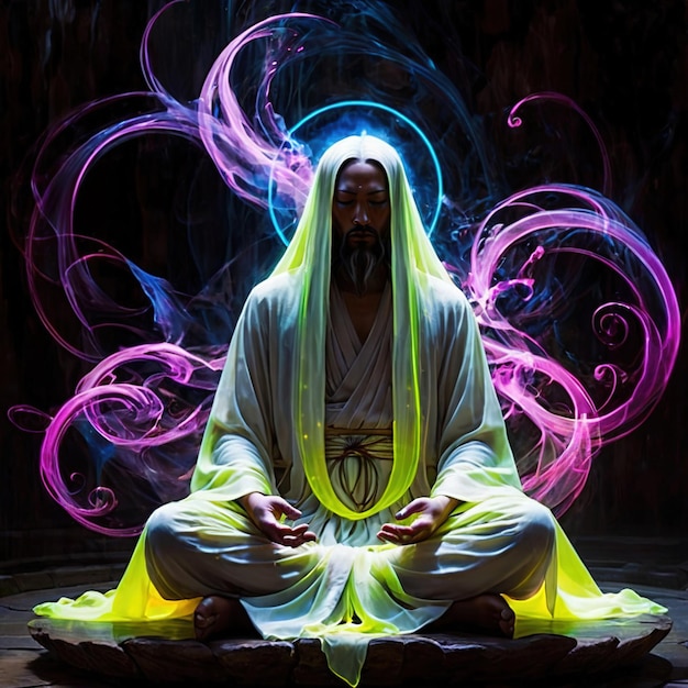 Guru mistico, mago fantastico che medita con una tenue energia dell'aura.