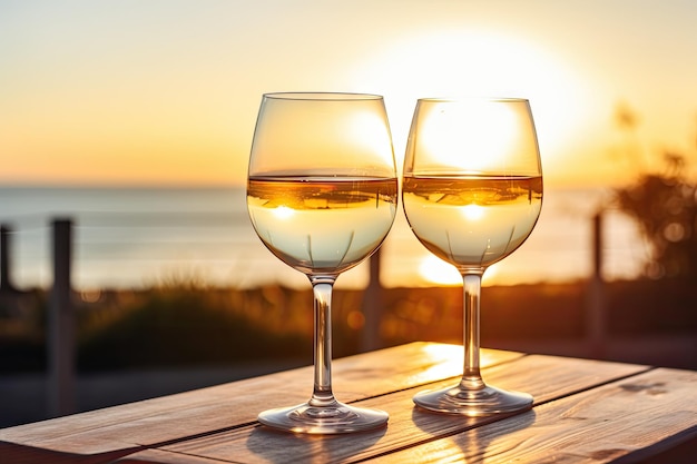 Gustare un delizioso vino bianco mentre si guarda il tramonto con due bicchieri