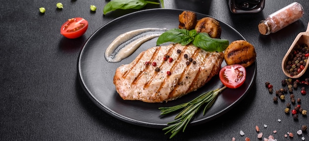 Gustosa bistecca di manzo al forno con verdure, patatine fritte e spezie