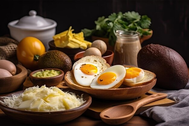 Gustosa colazione colombiana con uova, formaggio e avocado creata con l'IA generativa