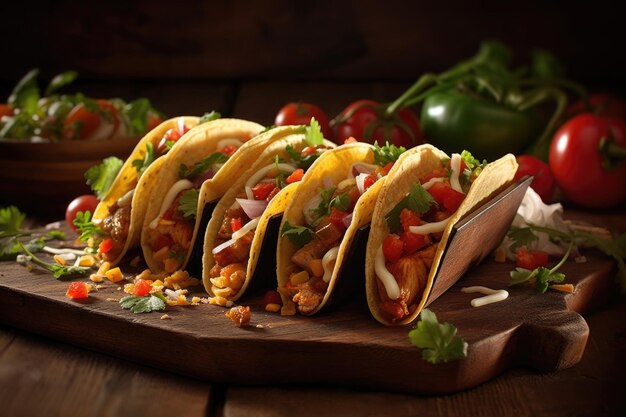 Gustosa illustrazione del cibo di tacos saporiti con i sapori audaci e piccanti della cucina messicana in un ambiente festoso e vivace con uno stile fiesta generato dall'IA