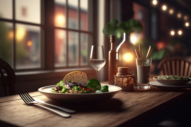 Gustosa insalata appetitosa con carne e verdure servita su tavola di legno nel ristorante Generative AI