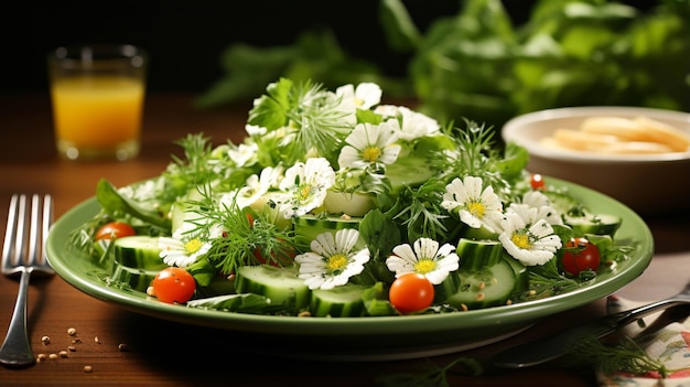 Gustosa insalata in un piatto e forchetta su sfondo verde