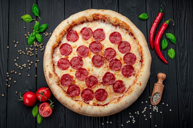 Gustosa pizza ai peperoni e ingredienti per cucinare pomodori basilico