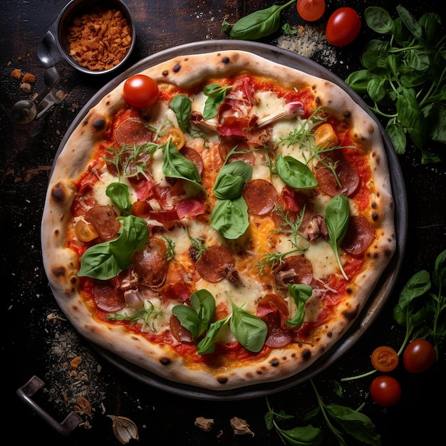 Gustosa pizza ai peperoni e ingredienti per cucinare pomodori Vista dall'alto della pizza italiana calda con mozzarella