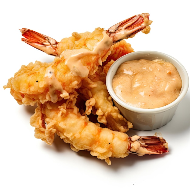 gustosa tempura di gamberi con salsa su sfondo bianco