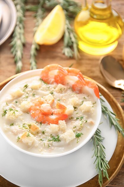 Gustosa zuppa di crema con gamberi freschi e crostini di pane nella ciotola sul tavolo