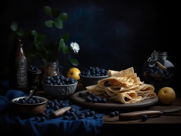 Gustose frittelle sottili con frutti di bosco e panna acida su un piatto grigio per colazione su sfondo scuro