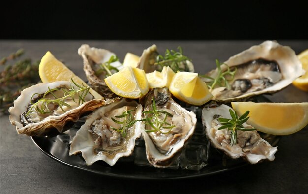 Gustose ostriche fresche con fette di limone succoso sul piatto Cibo afrodisiaco per aumentare il desiderio sessuale