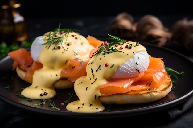 Gustose uova alla Benedict per colazione isolate su sfondo nero Ai generativa