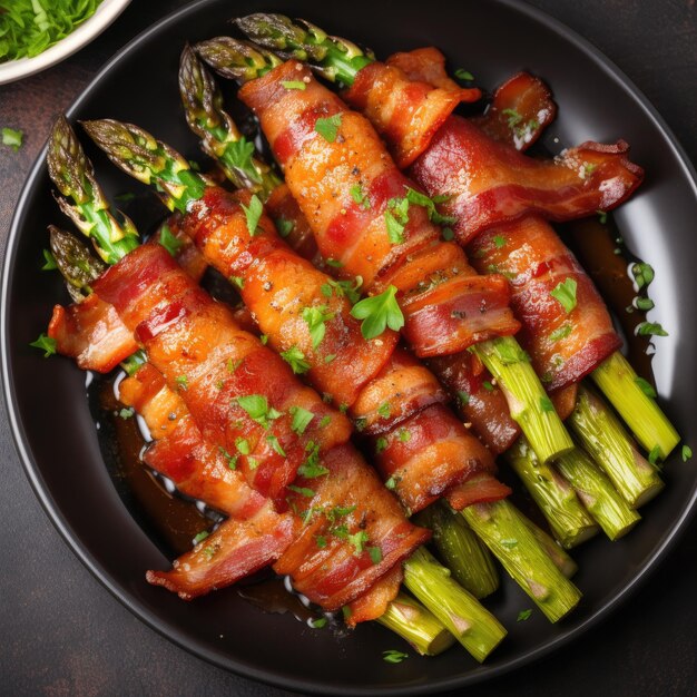 Gustosi asparagi arrostiti con pancetta su un piatto Vista dall'alto AI generativa