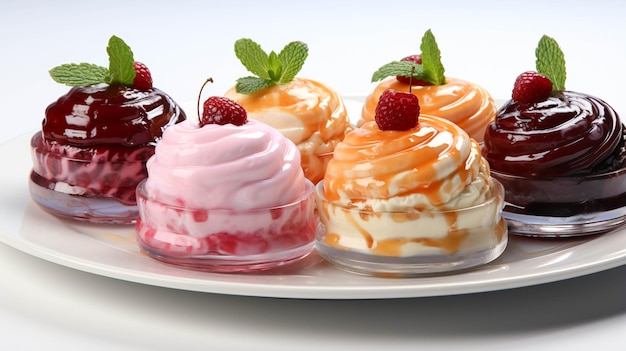 Gustosi dessert di gelatina con crema su sfondo bianco