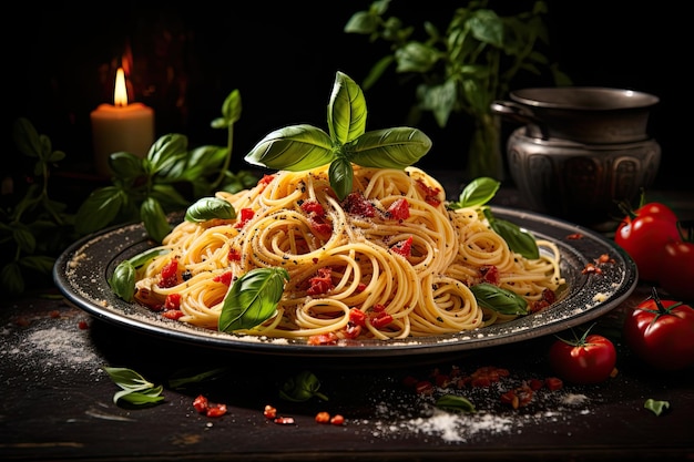 Gustosi e appetitosi classici spaghetti italiani con salsa di pomodoro, parmigiano e basilico