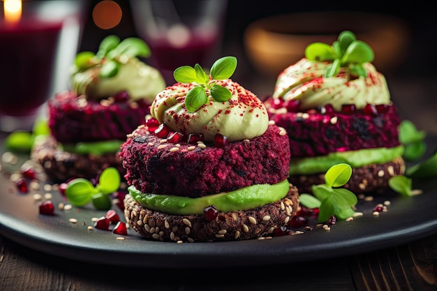 Gustosi e appetitosi hamburger neri vegani sani con quinoa di barbabietola rossa e salsa di avocado serviti su legno