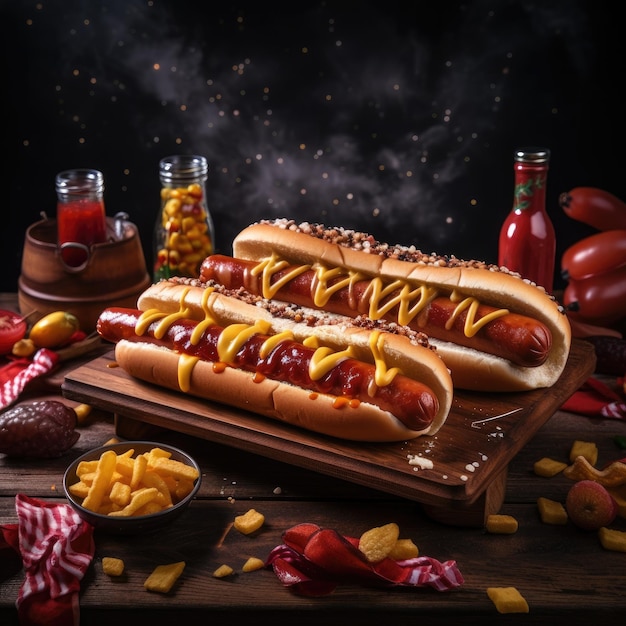 Gustosi hot dog deliziosi su uno sfondo scuro IA generativa