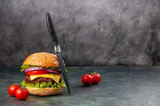 Gustosi pomodori sandwich con gambo su superficie di colore misto scuro con spazio libero