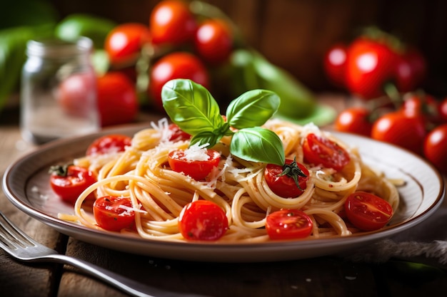 Gustosi spaghetti con pomodorini e foglie di basilico in piatto Generative AI