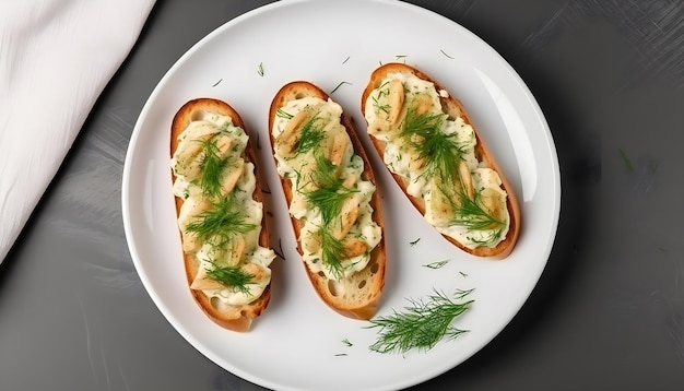 Gustosi toast di baguette sul piatto con aglio e aneto serviti su un tavolo con vista grigia strutturata