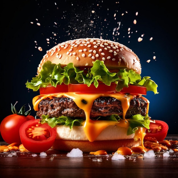 gustoso burger reale con immagine banner dinamica con formaggi ozing pezzi di pomodoro e SPLAS sospesi