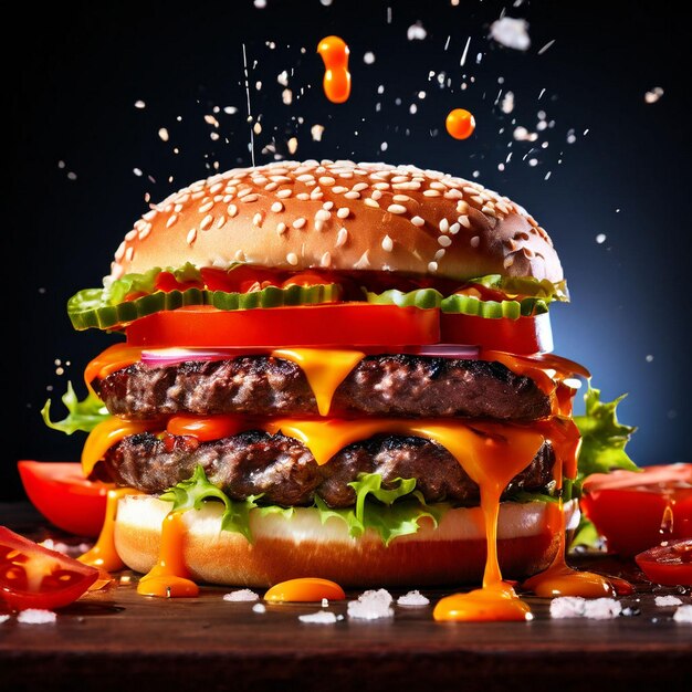 gustoso burger reale con immagine banner dinamica con formaggi ozing pezzi di pomodoro e SPLAS sospesi