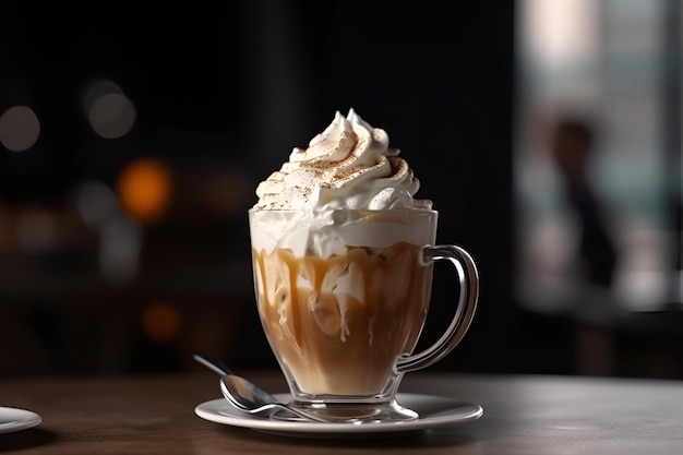 Gustoso caffè viennese in tazza di vetro con panna montata e cannella AI generativa