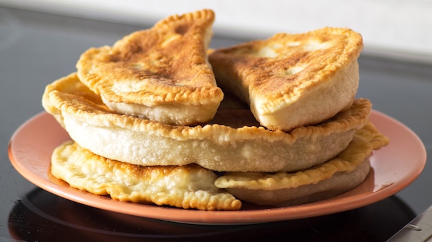 Gustoso Cheburek fritto con carne su un piatto isolato