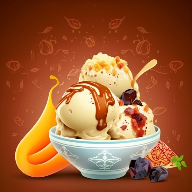 Gustoso dessert gelato al gusto di vaniglia e fragola in una ciotola blu con datteri di frutta