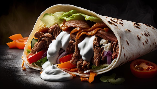 Gustoso Doner Kebab Shawarma Roll Wrap Illustrazione Generative AI Food