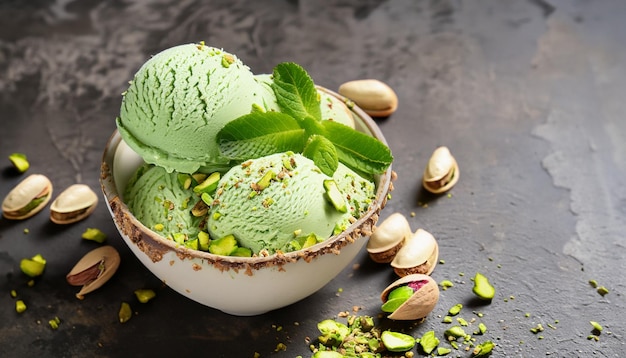 Gustoso gelato al pistacchio con menta guarnito con pistacchi tritati su fondo strutturato