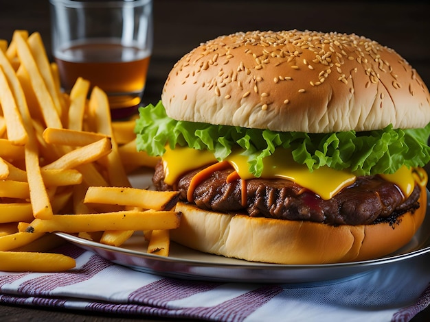 gustoso hamburger con patatine fritte e bibita fresca