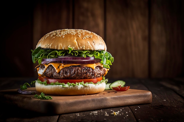 Gustoso hamburger fatto in casa su tavola in legno rustico Copia spazio Pubblicità AI generato Snack fast food