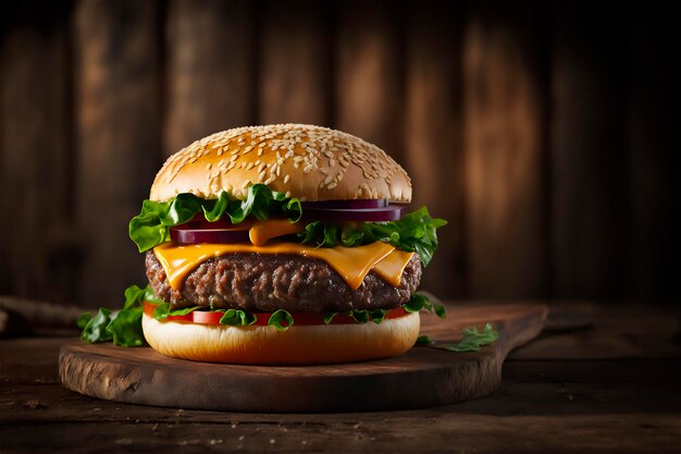 Gustoso hamburger fatto in casa su tavola in legno rustico Copia spazio Pubblicità AI generato Snack fast food