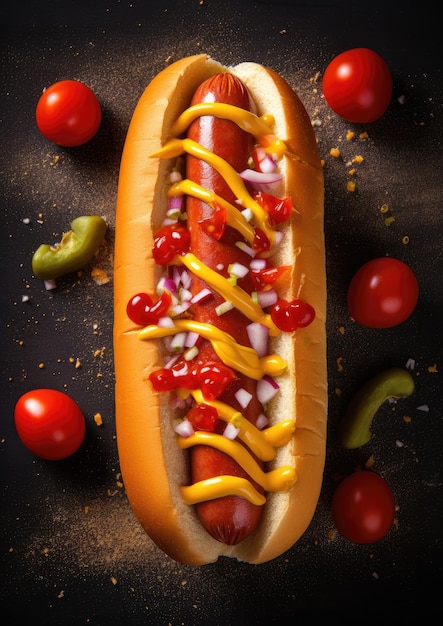 Gustoso hot dog delizioso su uno sfondo scuro AI generativa