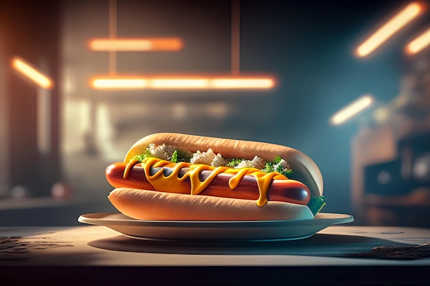 Gustoso hot dog su un piatto con la cena sfocata sullo sfondo