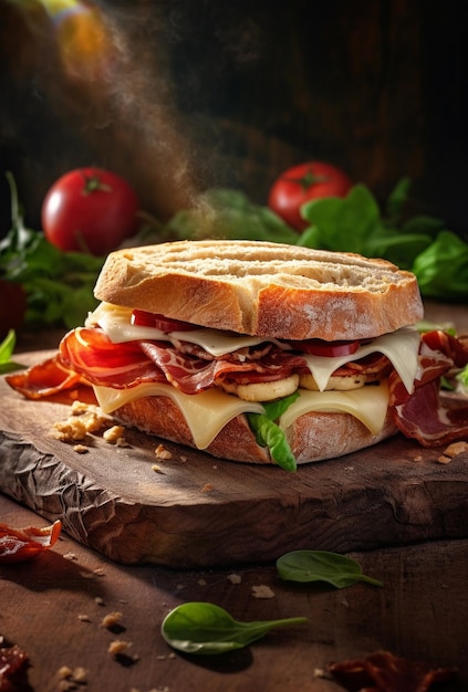 Gustoso panino con formaggio prosciutto e verdure su fondo rustico