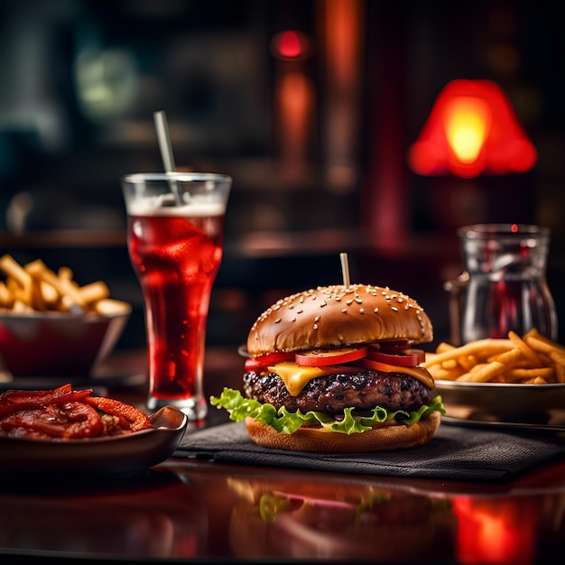 gustoso panino con hamburger di carne con formaggio e insalata su sfondo scuro