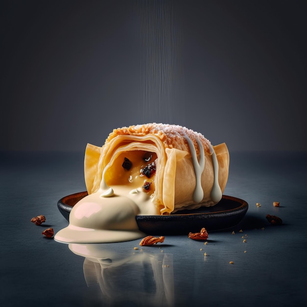 Gustoso strudel di mele con crema dolce sul piatto