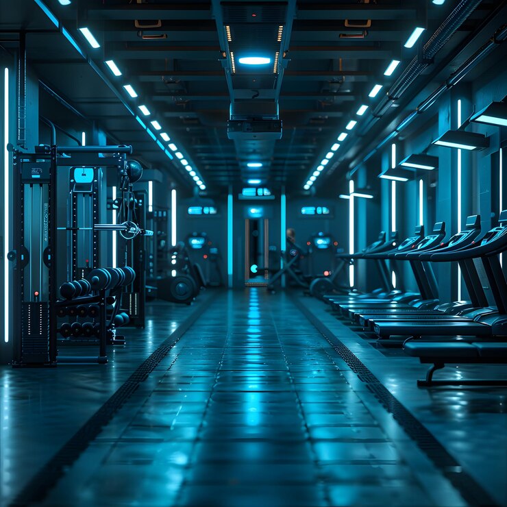 Gym yang terinspirasi steampunk dengan roda gigi dan elemen kuningan menciptakan perpaduan antara desain industri dan estetika kebugaran